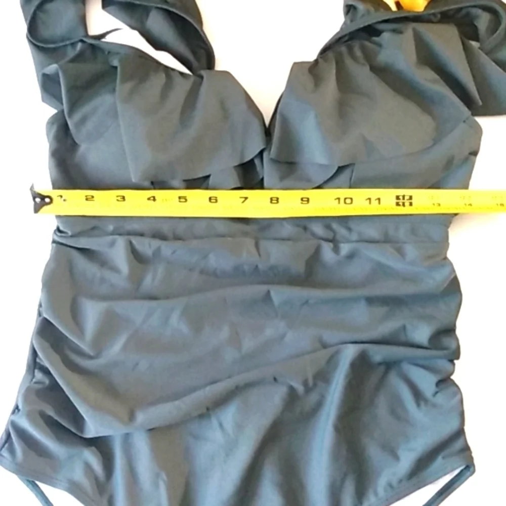 PLUNGE V-NECK MONOKINI Green Ruffle Trim Lace Up Back Ruched Swimsuit SIZE LARGE - Picture 12 of 15